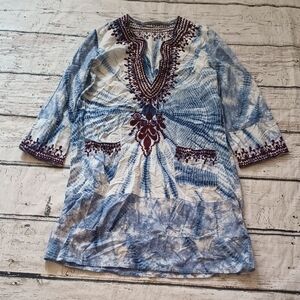 Twelfth Street Cynthia Vincent Blue White Burgundy Tie Dye Embroidered Tunic MP